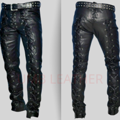 Alternative view of Men's Leather Pants Front & Back Laced Up Black Bikers 100% Real Leather Pants