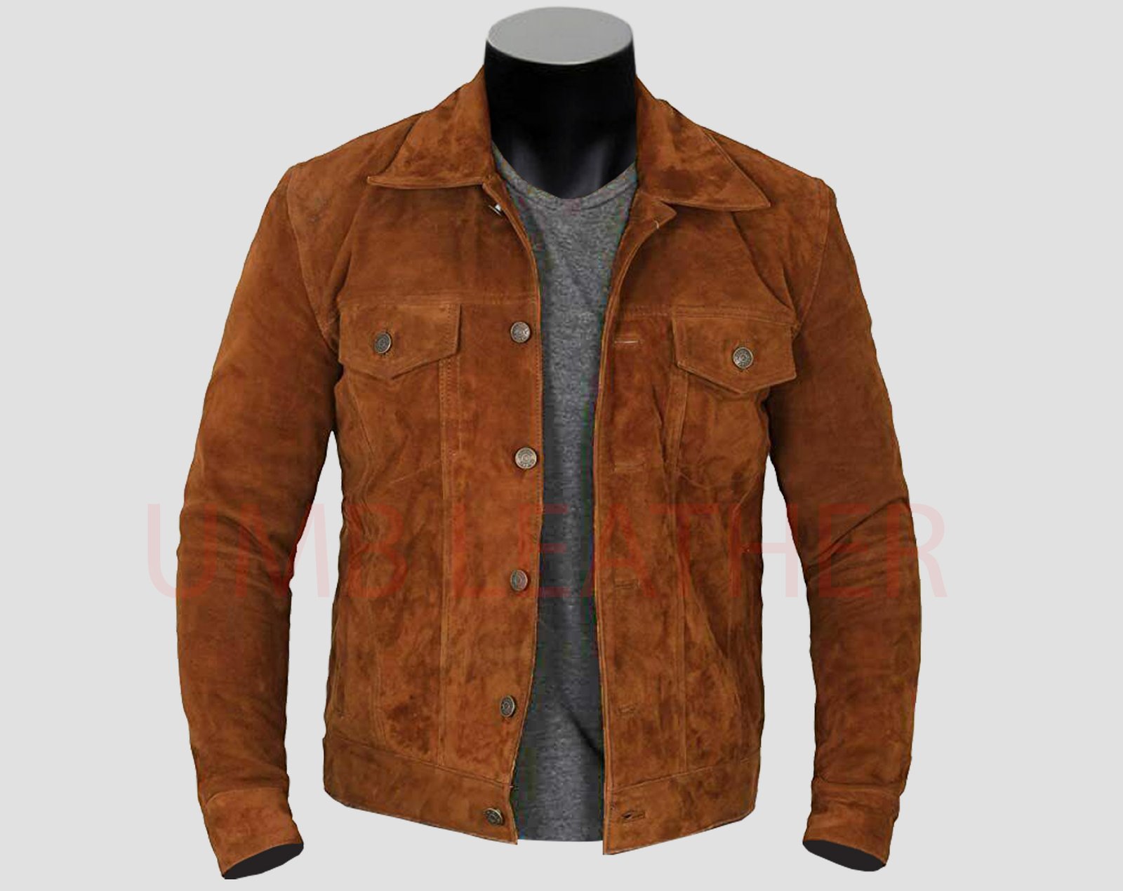 Suede Jeans Leather Jacket In Navy Blue Color With Silver Star Buttons