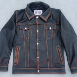 Black Denim Leather Distressed Jacket