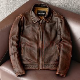 Men Brown Waxed Leather Jacket Classic Outdoor Style