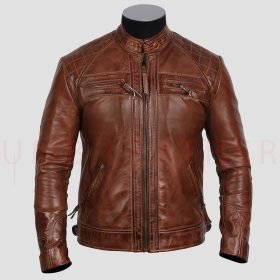 Men Distressed Brown Biker Leather Jacket Vintage Look