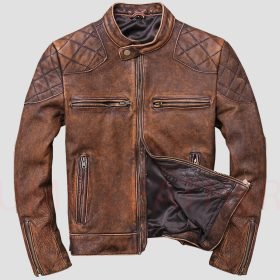 Men Vintage Brown Cowhide Biker Jacket Distressed Motorcycle Style