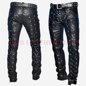Front Laceup Leather Pant Black