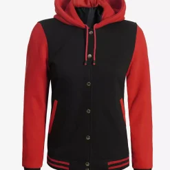 Women's Black and Red Hooded Varsity Jacket