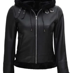 Women's Black Leather Hooded Shearling Jacket Winter Fur Lined Style