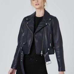 Veronica Beard Blue Lambskin Leather Jacket Chic Designer Style for Women