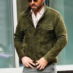 Men’s Ryan Reynolds Green Suede Leather Jacket Cowboy Trucker Style