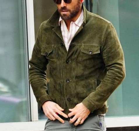 Men’s Ryan Reynolds Green Suede Leather Jacket Cowboy Trucker Style