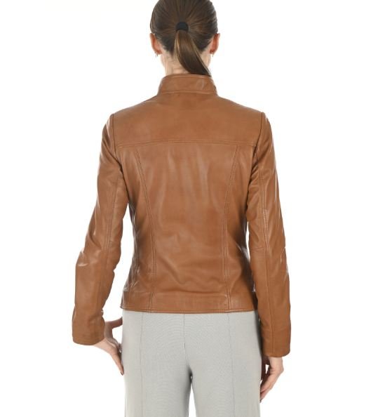 Women’s Tan Brown Slim Fit Leather Jacket Elegant Everyday Style - Image 2