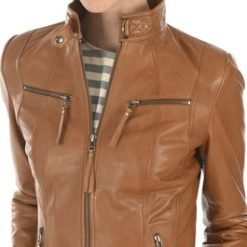 Women’s Tan Brown Slim Fit Leather Jacket Elegant Everyday Style