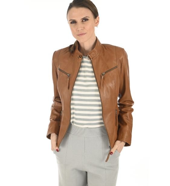 Women’s Tan Brown Slim Fit Leather Jacket Elegant Everyday Style - Image 4