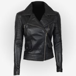 Woman’s Black Belted Moto Leather Jacket Biker Style