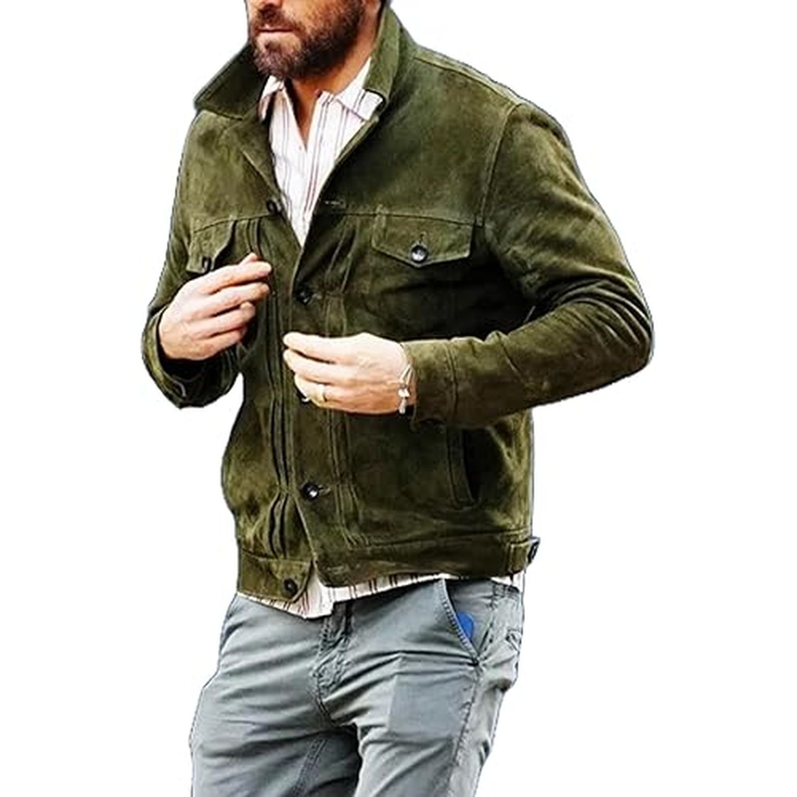 Men’s Ryan Reynolds Green Suede Leather Jacket Cowboy Trucker Style - Image 3