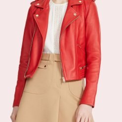 Notched Collar Red Leather Moto Jacket Bold Biker Look