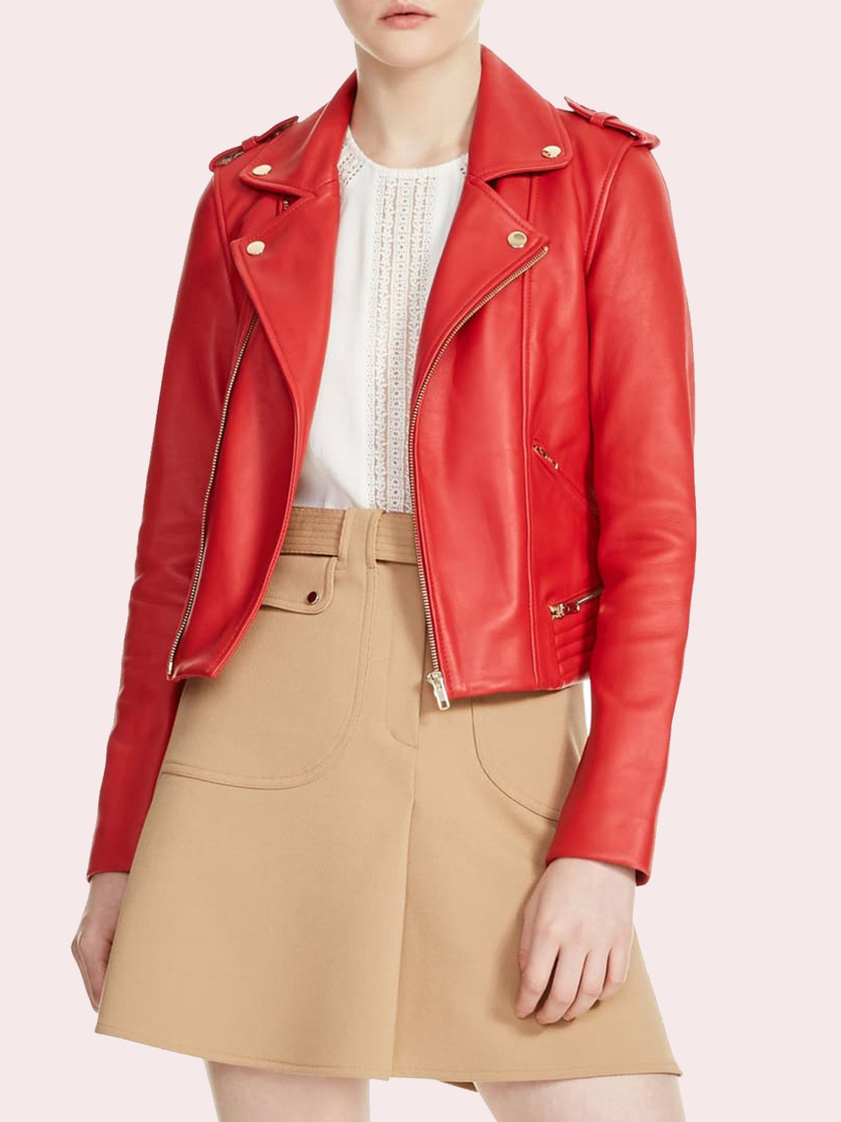 Notched Collar Red Leather Moto Jacket Bold Biker Look