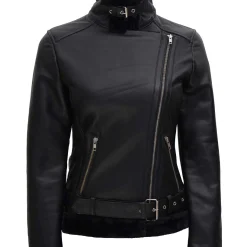 Alternative view of Women's Vintage Black Shearling Belted Biker Jacket Black Wool Lined