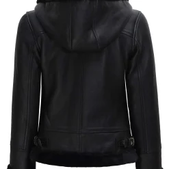 Alternative view of Women's Black Leather Hooded Shearling Jacket Winter Fur Lined Style