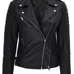 Women's Black Quilted Asymmetrical Leather Biker Jacket Real Leather Fit