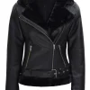 Women's Vintage Black Shearling Belted Biker Jacket Black Wool Lined