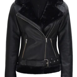 Women's Vintage Black Shearling Belted Biker Jacket Black Wool Lined