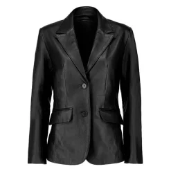 Women's Black Leather Blazer Two Button Classic Jacket