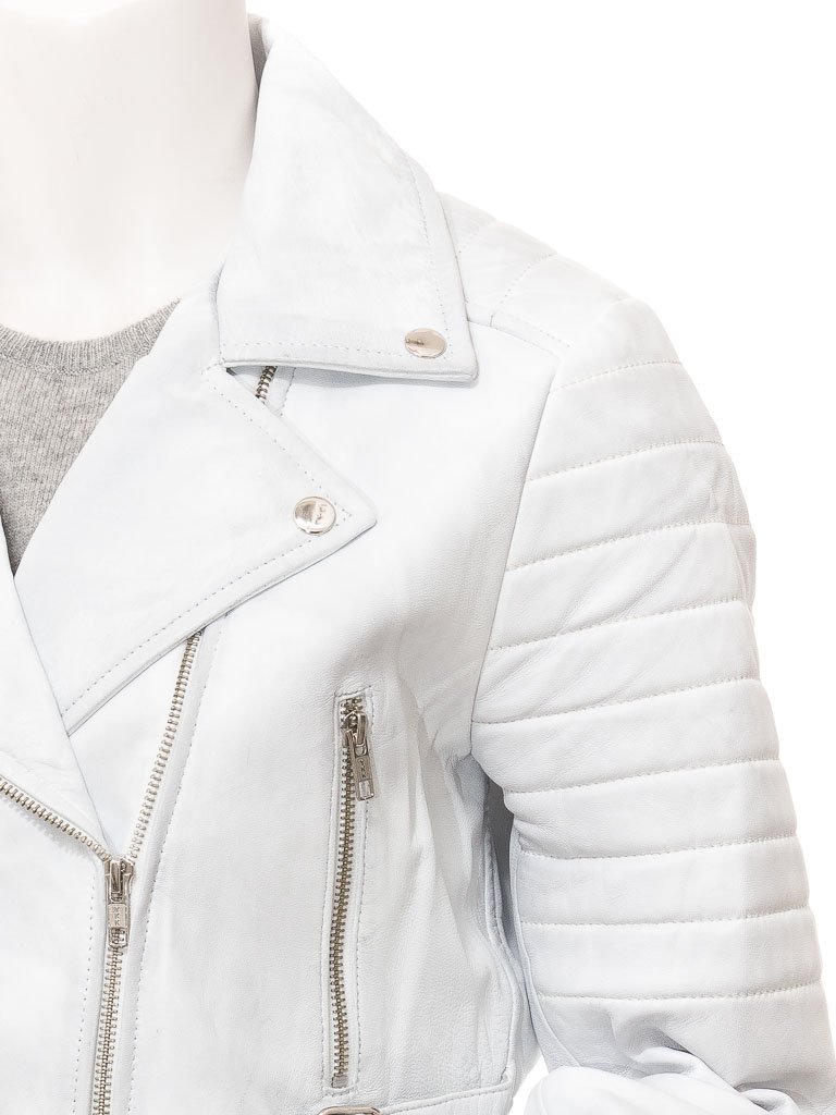 Women's White Cropped Brando Biker Jacket Damascus Edition - Image 6