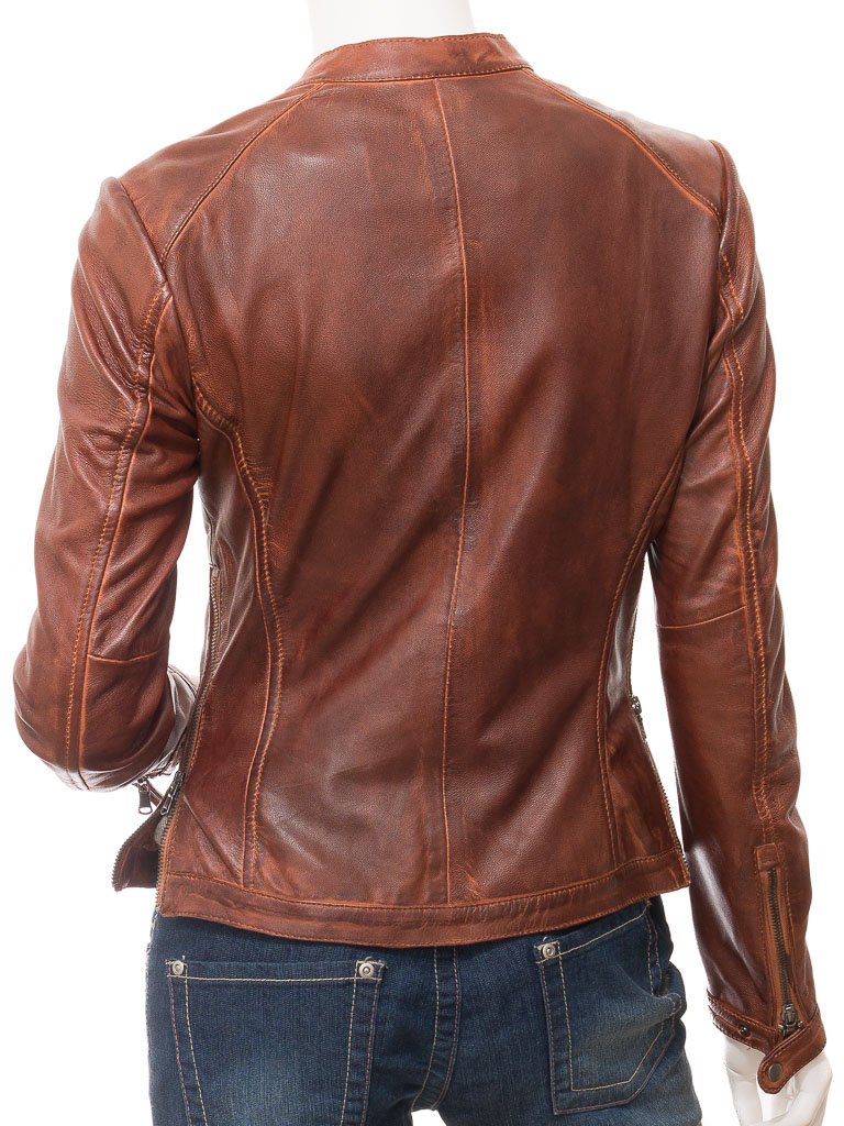 Women’s Brown Waxed Leather Jacket Vintage Polish Look - Image 2