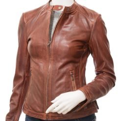 Women’s Brown Waxed Leather Jacket Vintage Polish Look