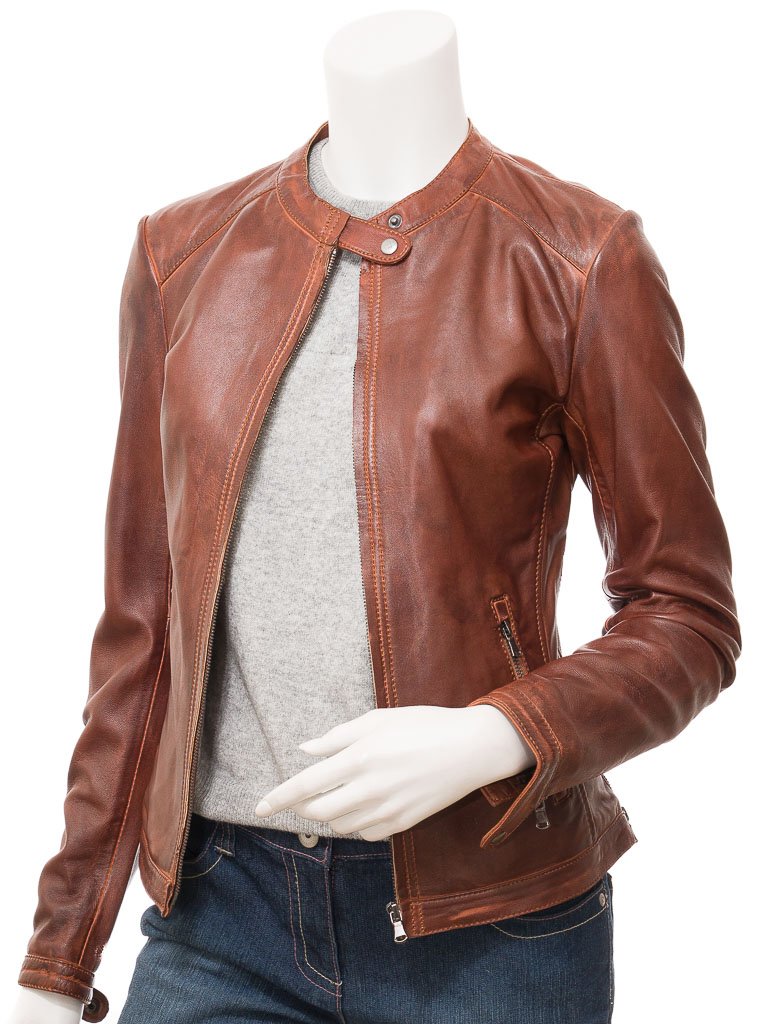 Women’s Brown Waxed Leather Jacket Vintage Polish Look - Image 5