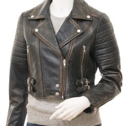 Women’s Cropped Distressed Black Leather Jacket Edgy Streetwear Look 